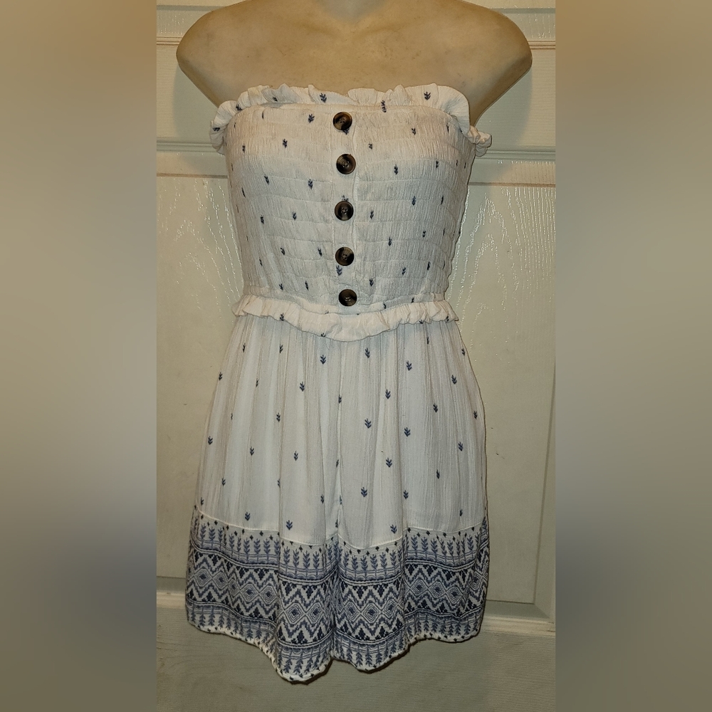 American Eagle blue/white strapless romper w/ pockets rushed top fully lined